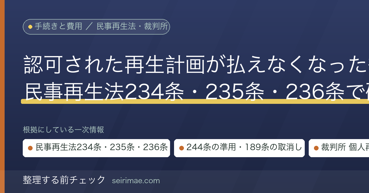 再生計画どおりに払えなくなったら｜民事再生法234条の計画変更・235条のハードシップ免責・236条の取消しを条文で確かめる